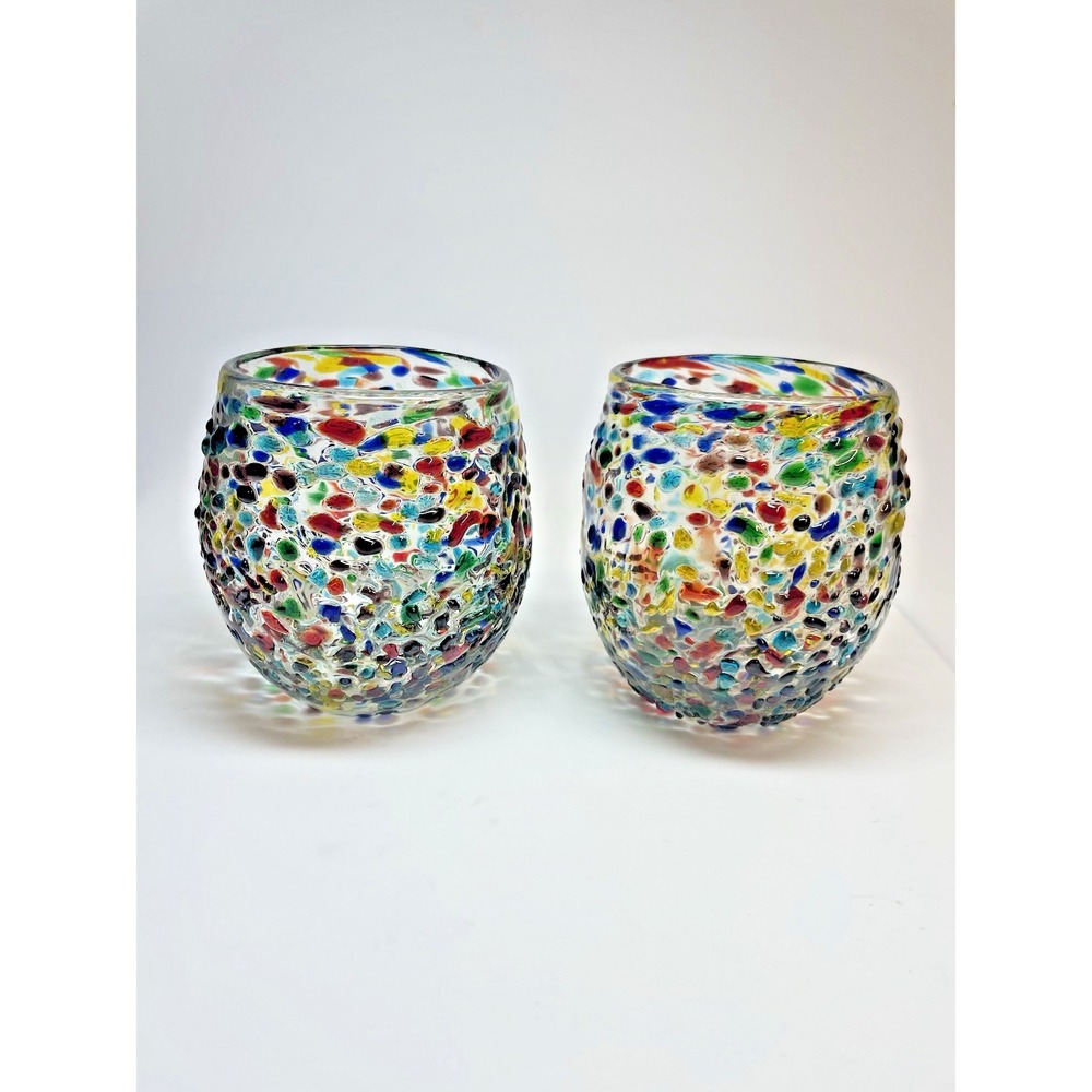 Pr Confetti Stemless Wine Glasses Tumblers Pebbled Hand Blown Textured Recycled